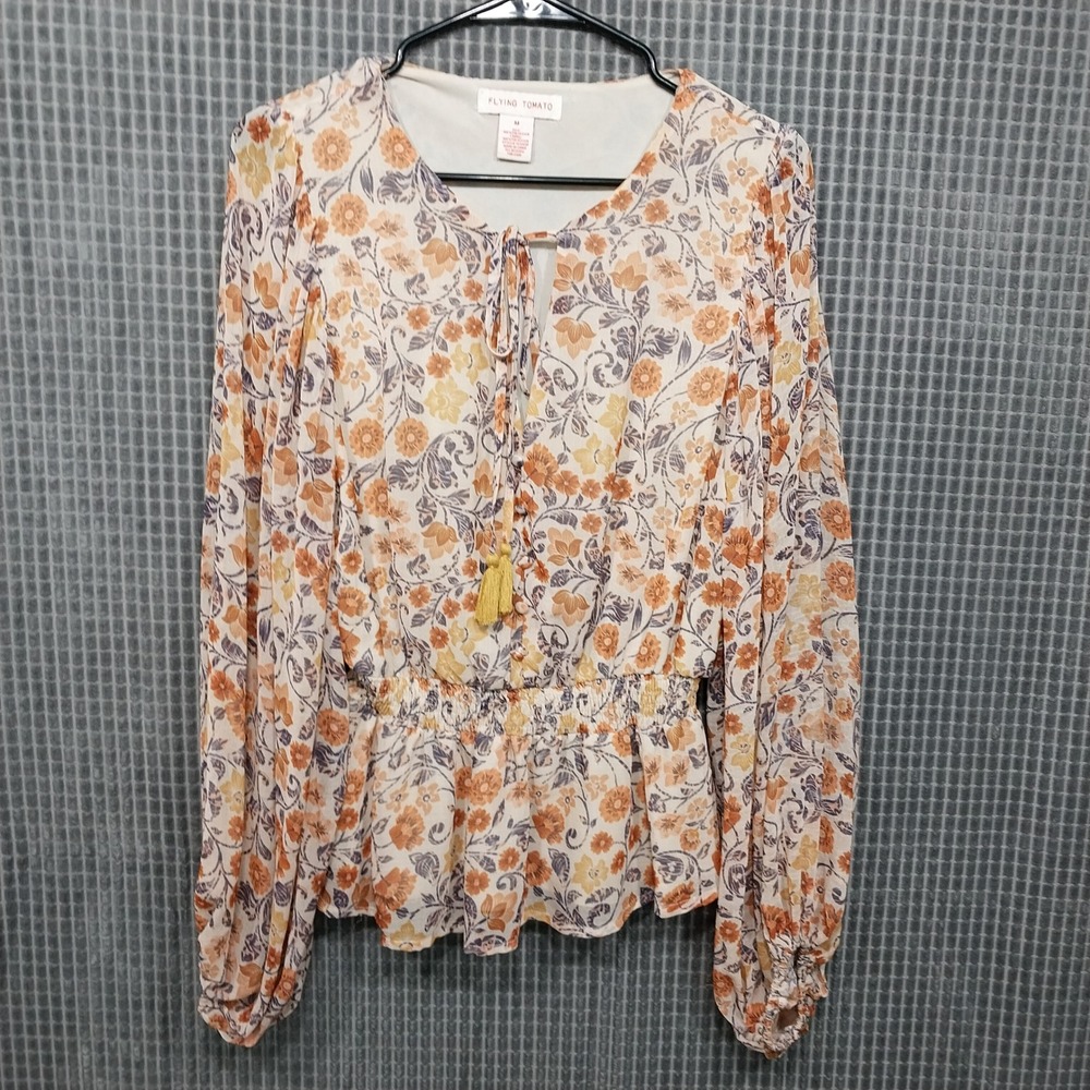 Flying Tomato Womens Blouse Floral Smocked Peplum Tassel Tie Medium Orange
